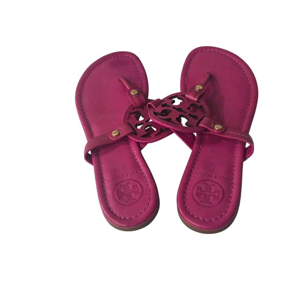 Tory Burch Miller Magenta Pink Leather Logo Thong Sandals Womens size 8M - Picture 6 of 7